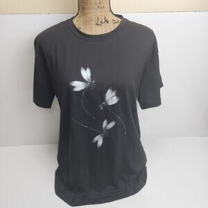 Dragonflies Black & White Short Sleeve Graphics T-Shirt Women's Size XL NEW